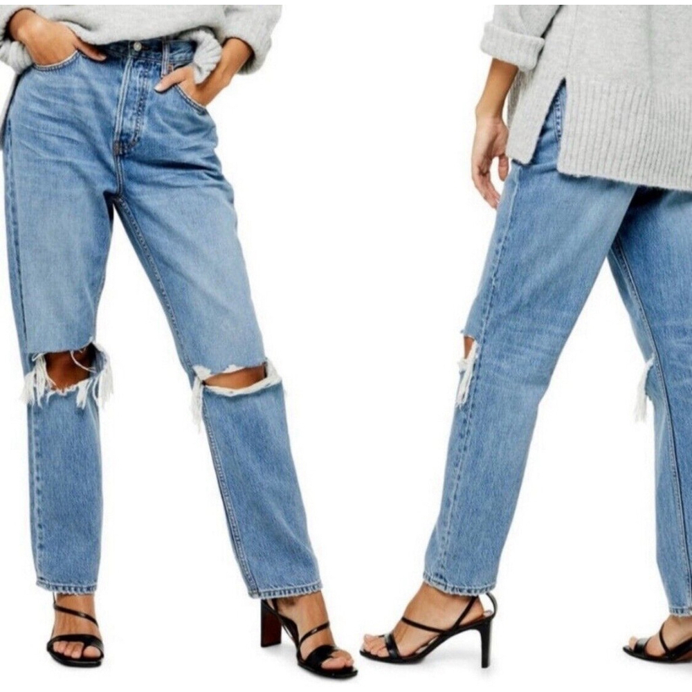 Topshop Dad Jeans Distressed Ripped Button Fly High Rise 26x30 Women